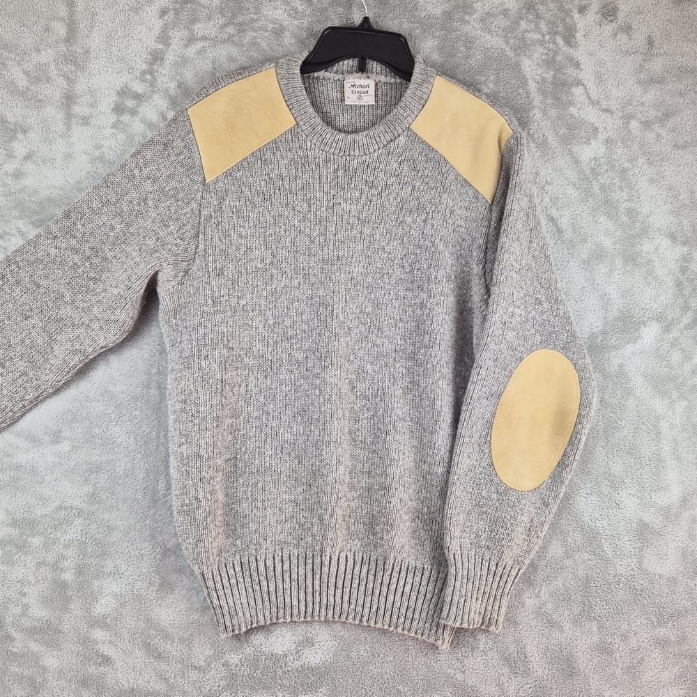 M Stossel Pure New Wool Sweater  Large Gray Suede Elbow Shoulder Patch Shooting